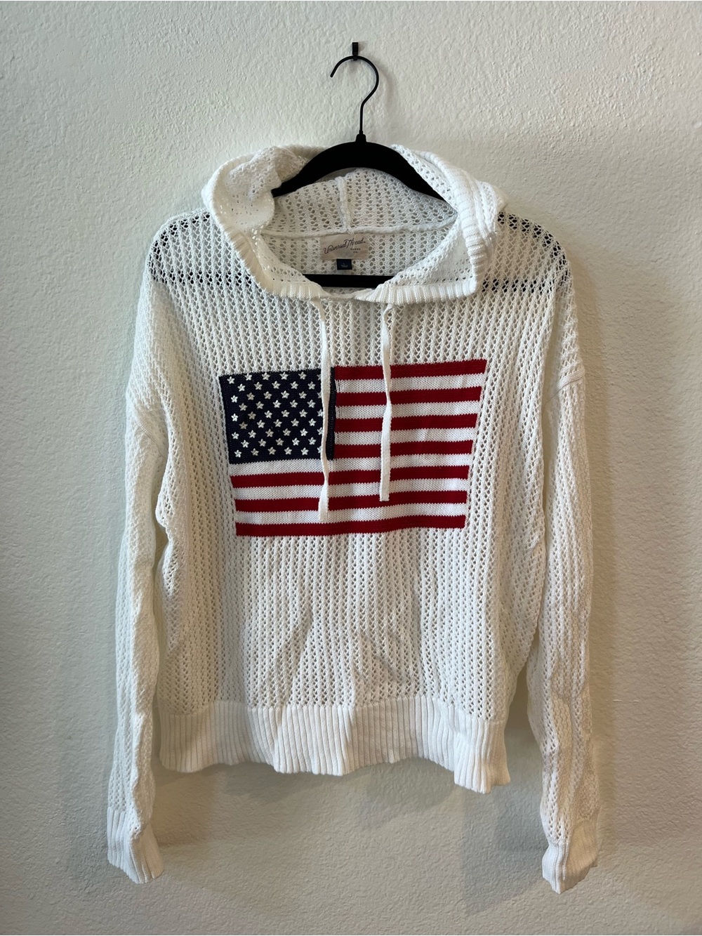 Universal Thread White Open-Knit Hoodie with American Flag Panel